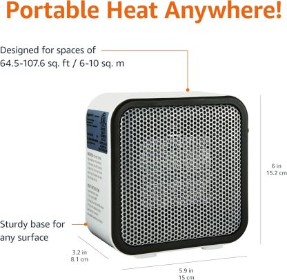 Ceramic Space Heater, Mini Heater for Office Desk, Portable Tent Heater for Camping (Indoor Use), With Tip-Over Protection, Lightweight (1.4 LBS), Pink, 5.8"D x 3.4"W x 6"H