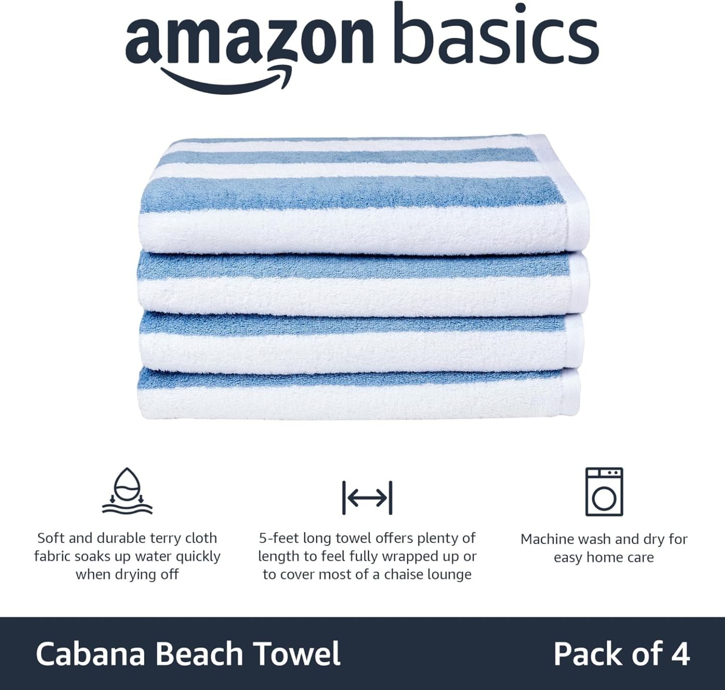 100% Cotton Terry Absorbent Cabana Stripe Pool & Beach Towel, Soft & Large, 2-Pack, Navy Blue, 30 in x 60 in