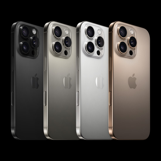 Back view of iPhone 16 Pro, all four finishes, Black Titanium, Natural Titanium, White Titanium and Desert Titanium.