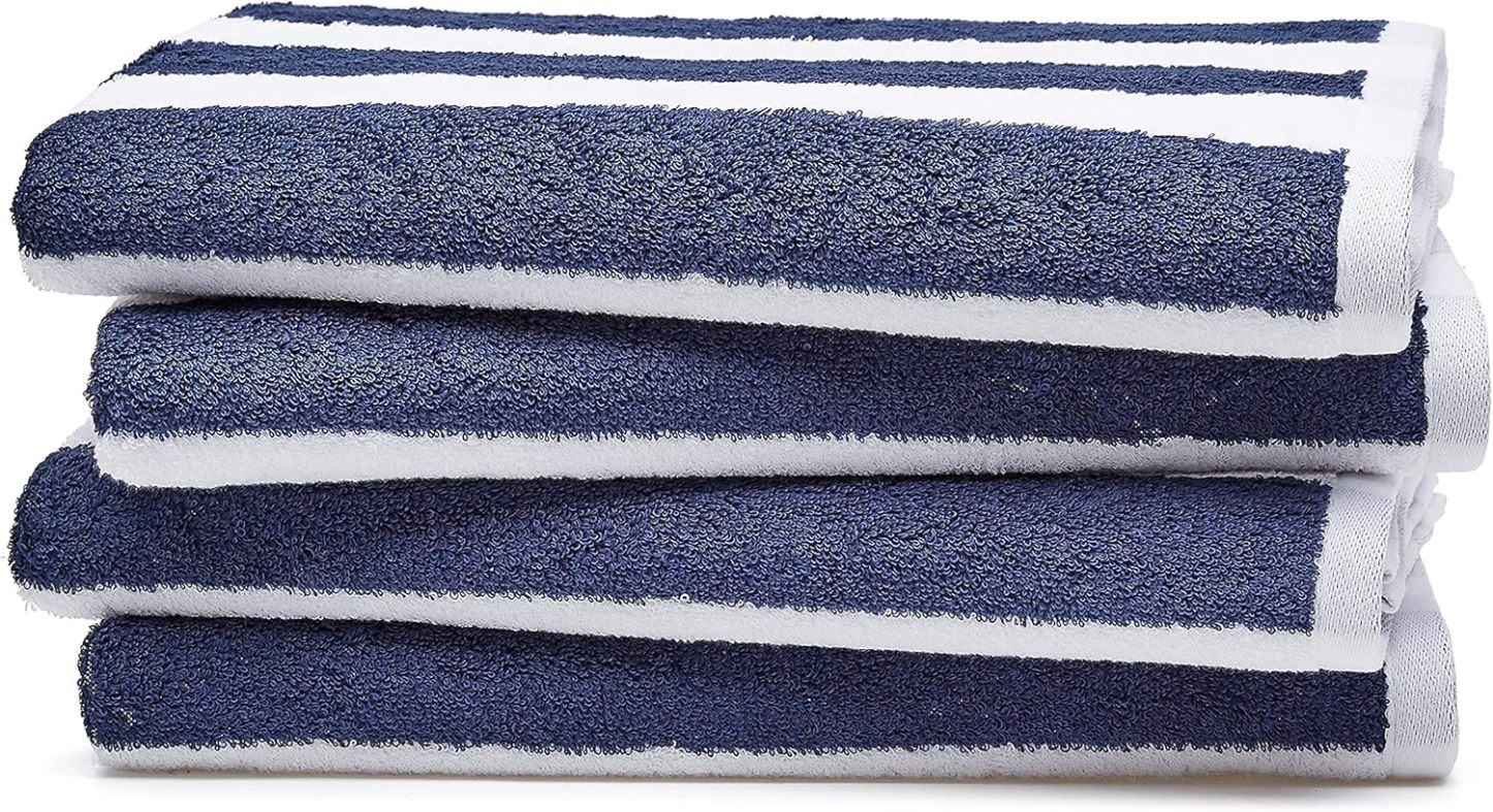100% Cotton Terry Absorbent Cabana Stripe Pool & Beach Towel, Soft & Large, 2-Pack, Navy Blue, 30 in x 60 in