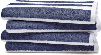 100% Cotton Terry Absorbent Cabana Stripe Pool & Beach Towel, Soft & Large, 2-Pack, Navy Blue, 30 in x 60 in