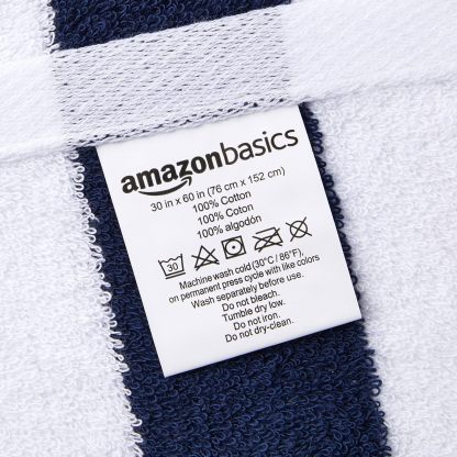 100% Cotton Terry Absorbent Cabana Stripe Pool & Beach Towel, Soft & Large, 2-Pack, Navy Blue, 30 in x 60 in