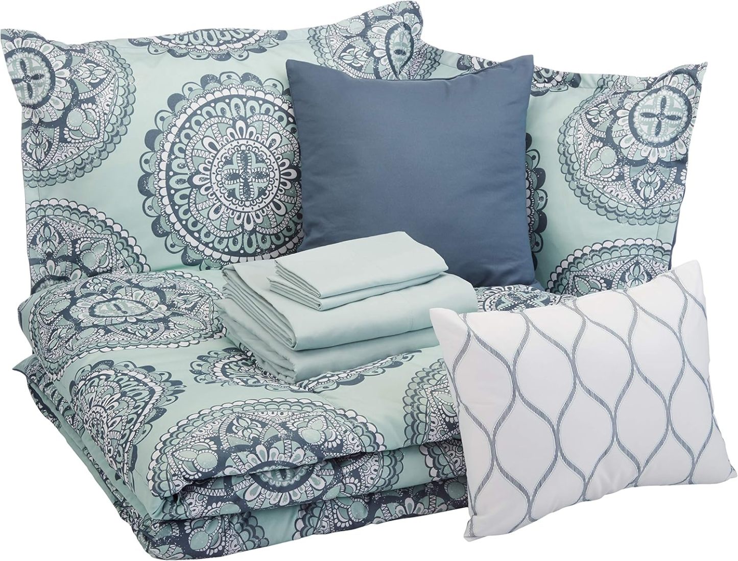 10-Piece Comforter Bedding Set, Full / Queen, Sea Foam Medallion, Microfiber, Ultra-Soft
