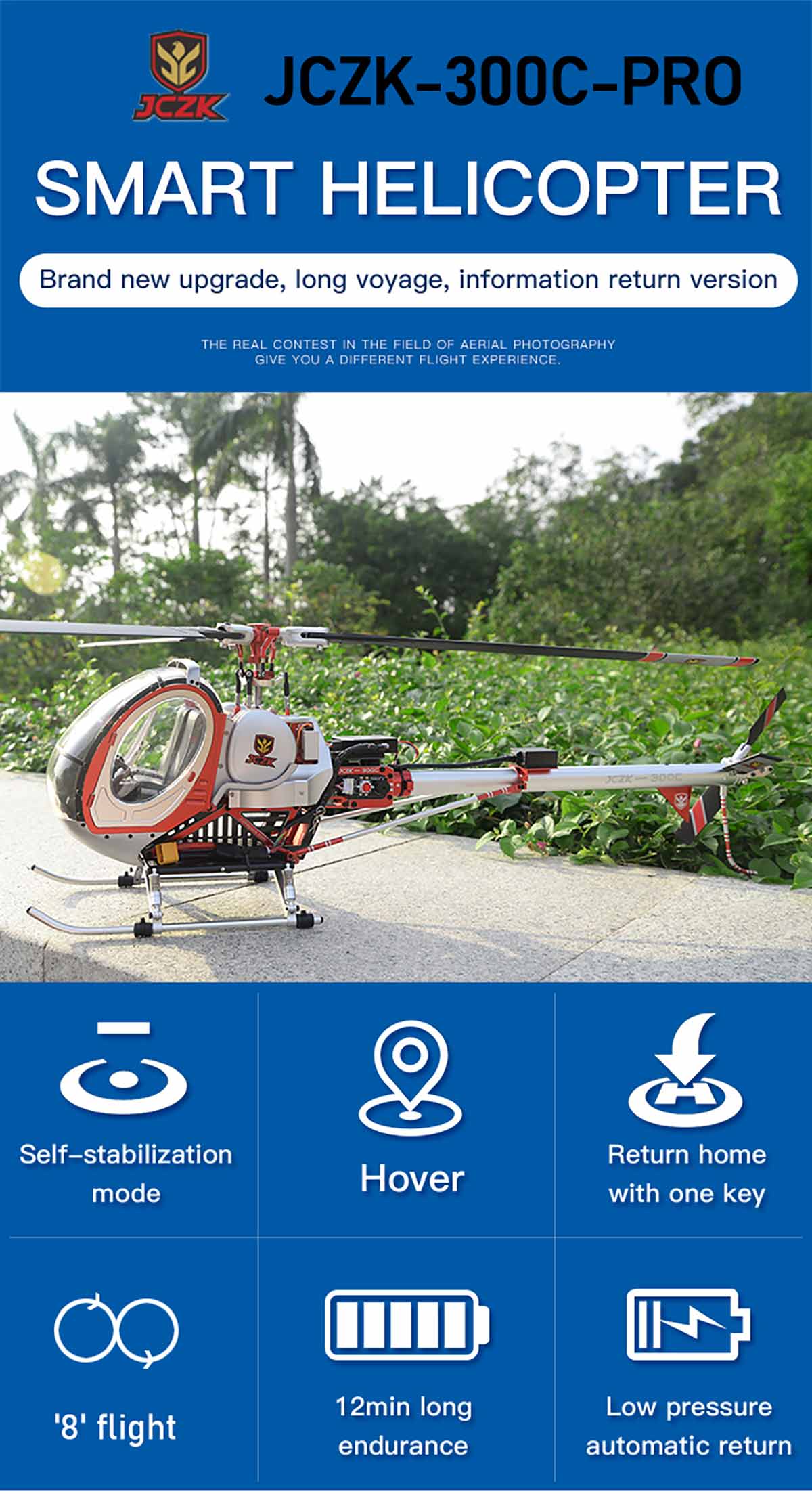 JCZK 300C PRO 12CH Super Simulation Smart RC Helicopter RTF With GPS One-key Return Hover H1 Flight Control Flybarless