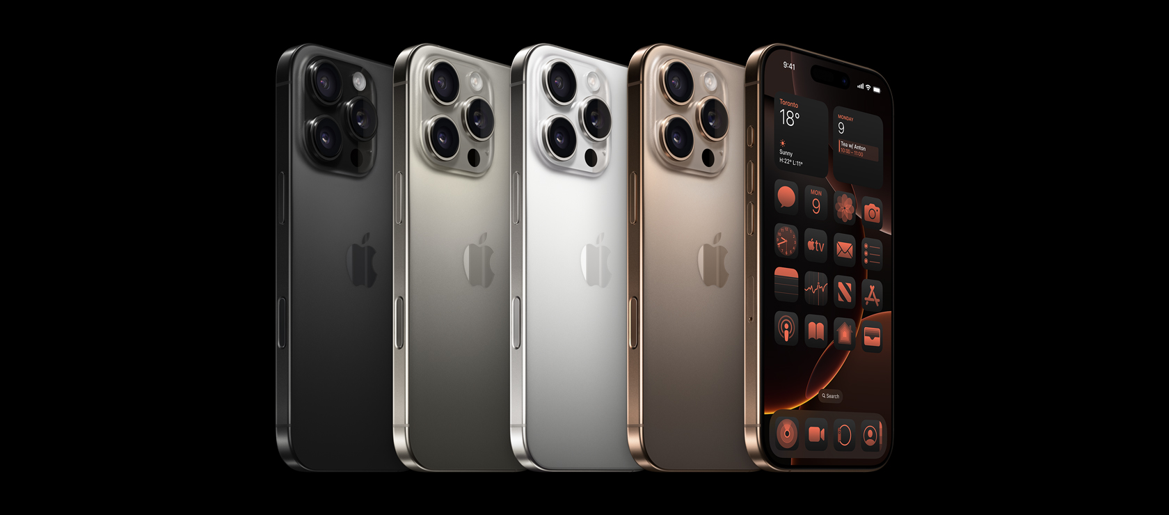 iPhone 16 Pro 背面视图，四种饰面，黑钛、自然钛、白钛、沙漠钛，以及沙漠钛 iPhone 16 Pro 正面视图