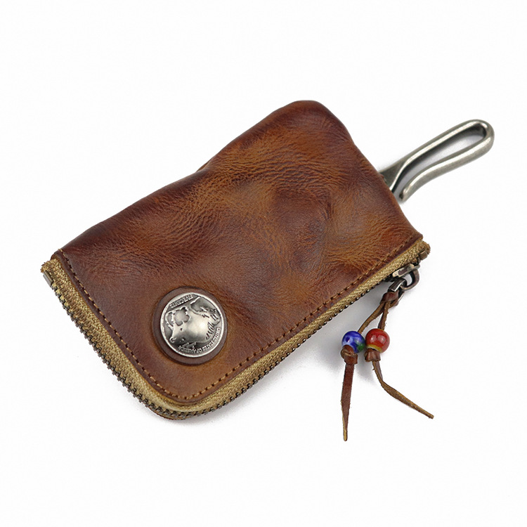 Top layer cowhide old washed retro style key bag