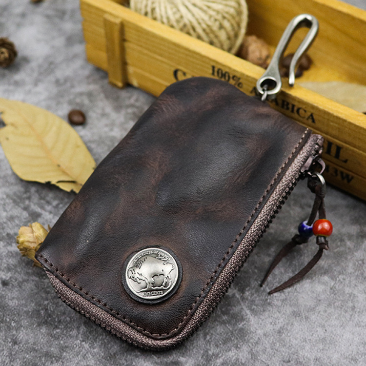 Top layer cowhide old washed retro style key bag