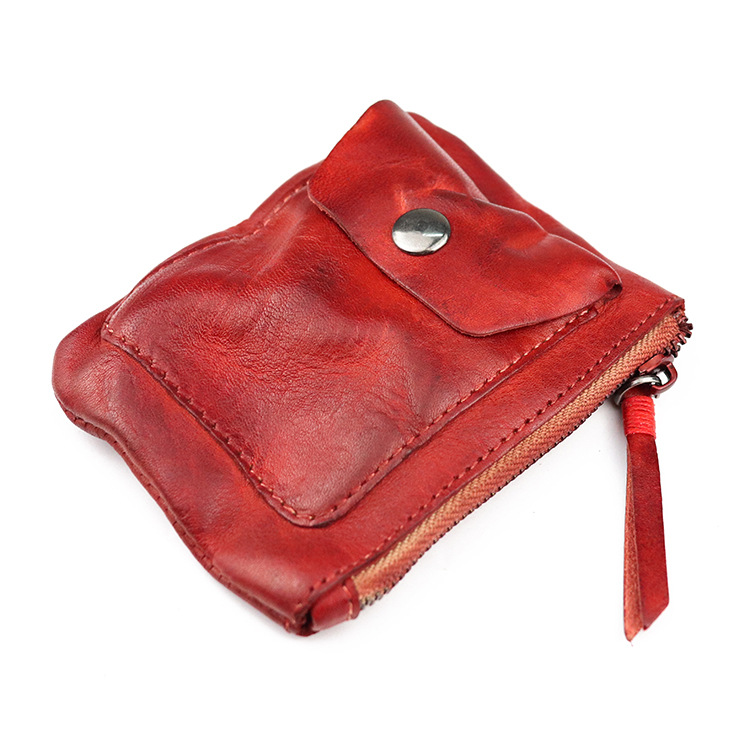 Genuine leather zipper thin simple pleated coin purse card holder
