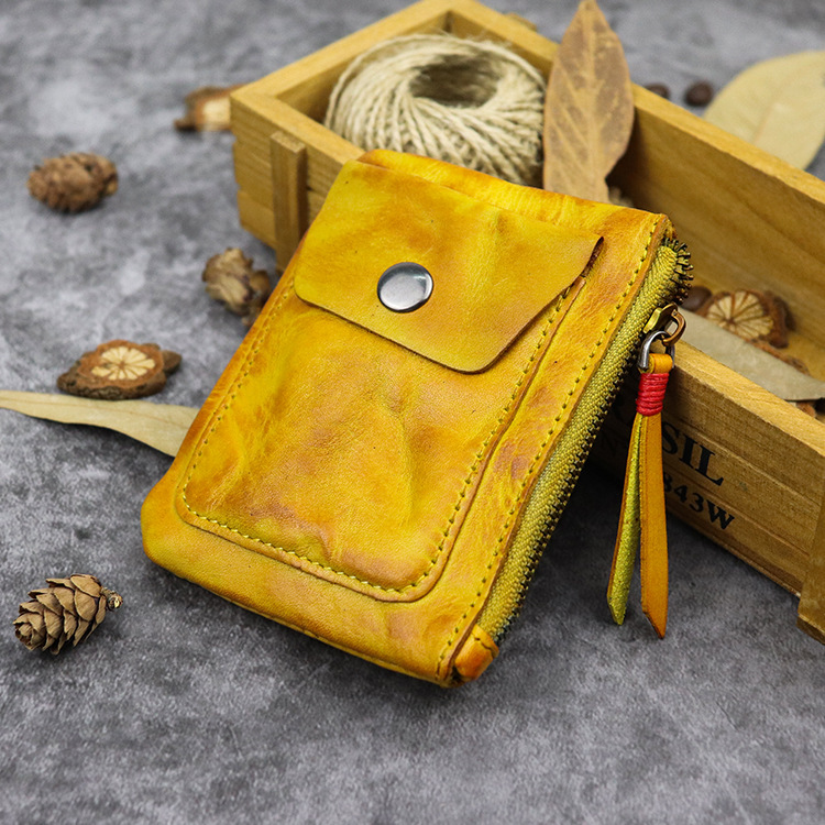 Genuine leather zipper thin simple pleated coin purse card holder