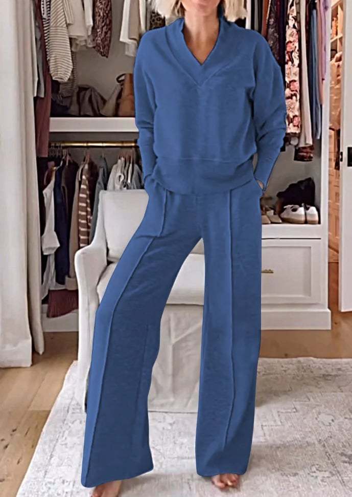 Women's Solid Color V-neck Top & Pants Two-piece Set(Free Shipping)