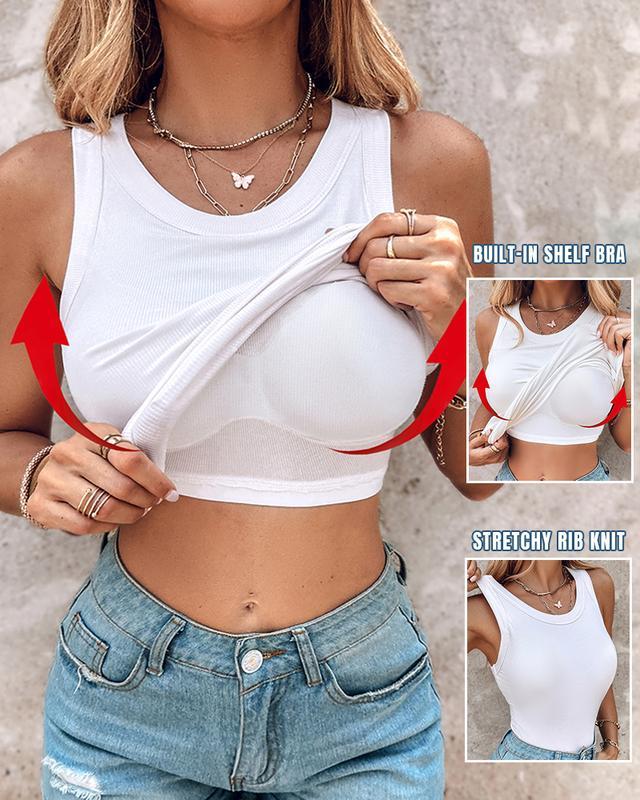 Round Neck Built-in Bra Ribbed Tank Top Fit Casual Comfortable-💥3 Pack