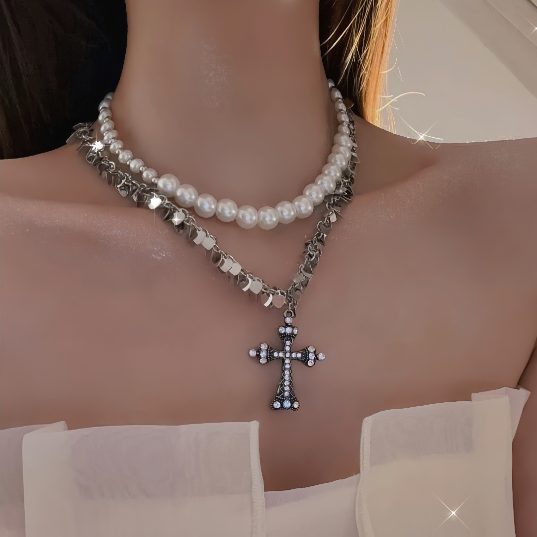 Sequin Beaded Double Layer Cross Necklace