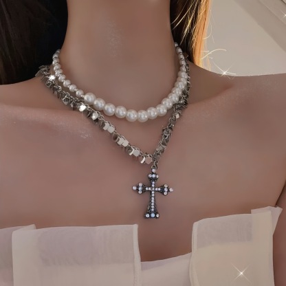 Sequin Beaded Double Layer Cross Necklace