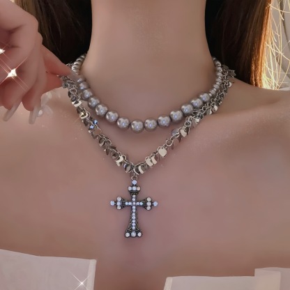 Sequin Beaded Double Layer Cross Necklace