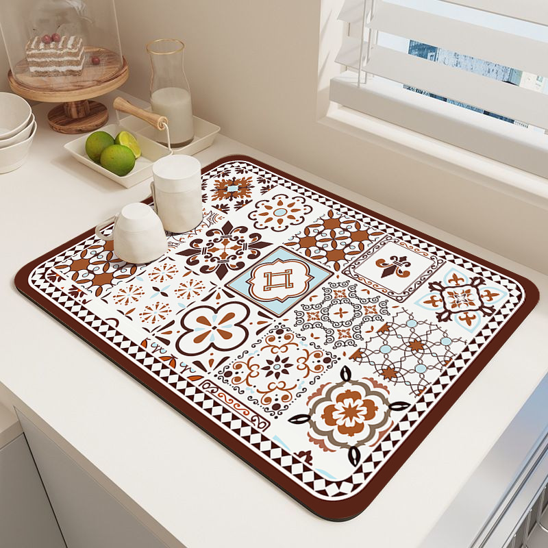 Retro Quick-Drying Water-Draining Mat for Kitchen Bar Countertops