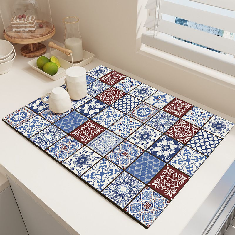 Retro Quick-Drying Water-Draining Mat for Kitchen Bar Countertops