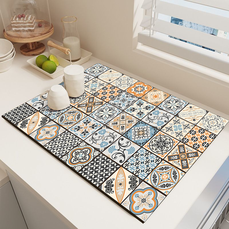Retro Quick-Drying Water-Draining Mat for Kitchen Bar Countertops