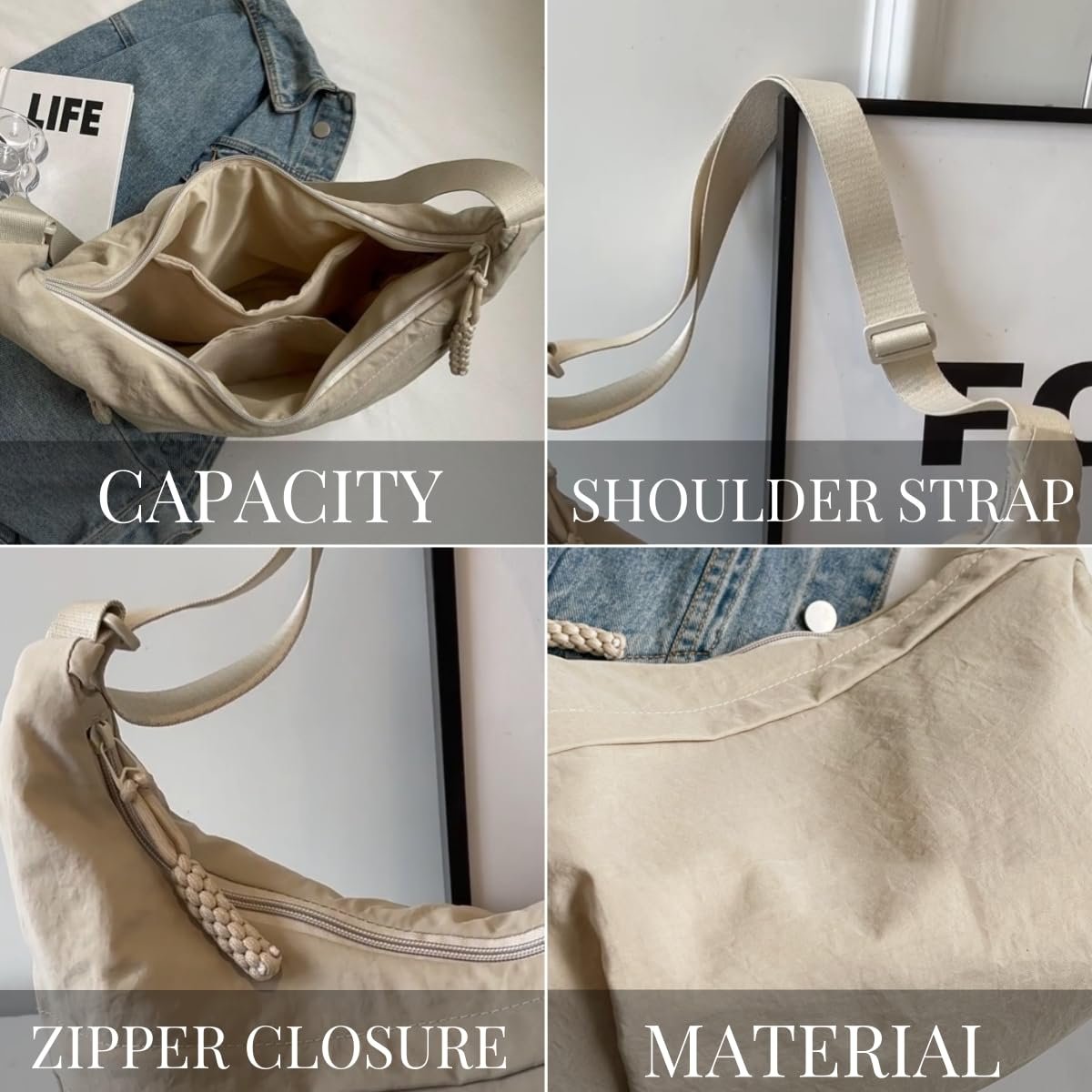 Women's Fashion Plain Color Nylon Crossbody Bag