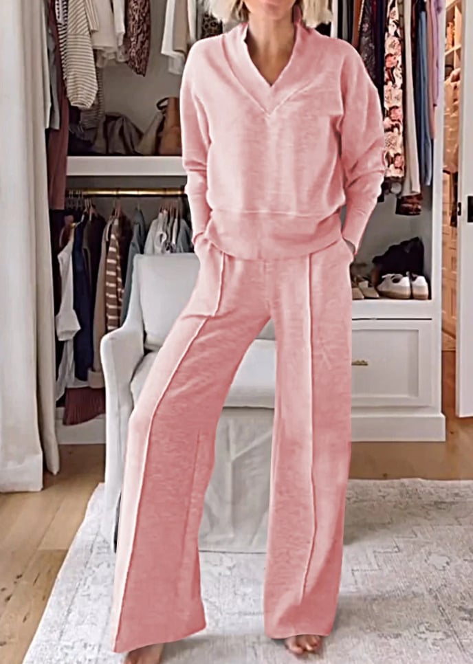 Women's Solid Color V-neck Top & Pants Two-piece Set(Free Shipping)