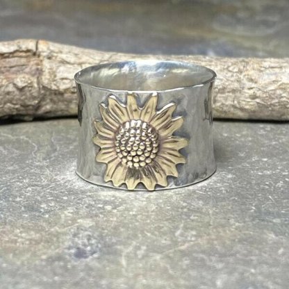 🔥 Last Day Promotion 75% OFF 🔥Golden Sunflower Wide Band Silver Ring