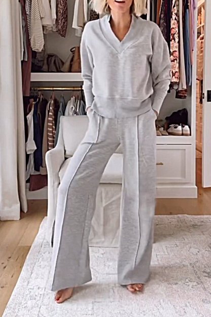 Women's Solid Color V-neck Top & Pants Two-piece Set(Free Shipping)