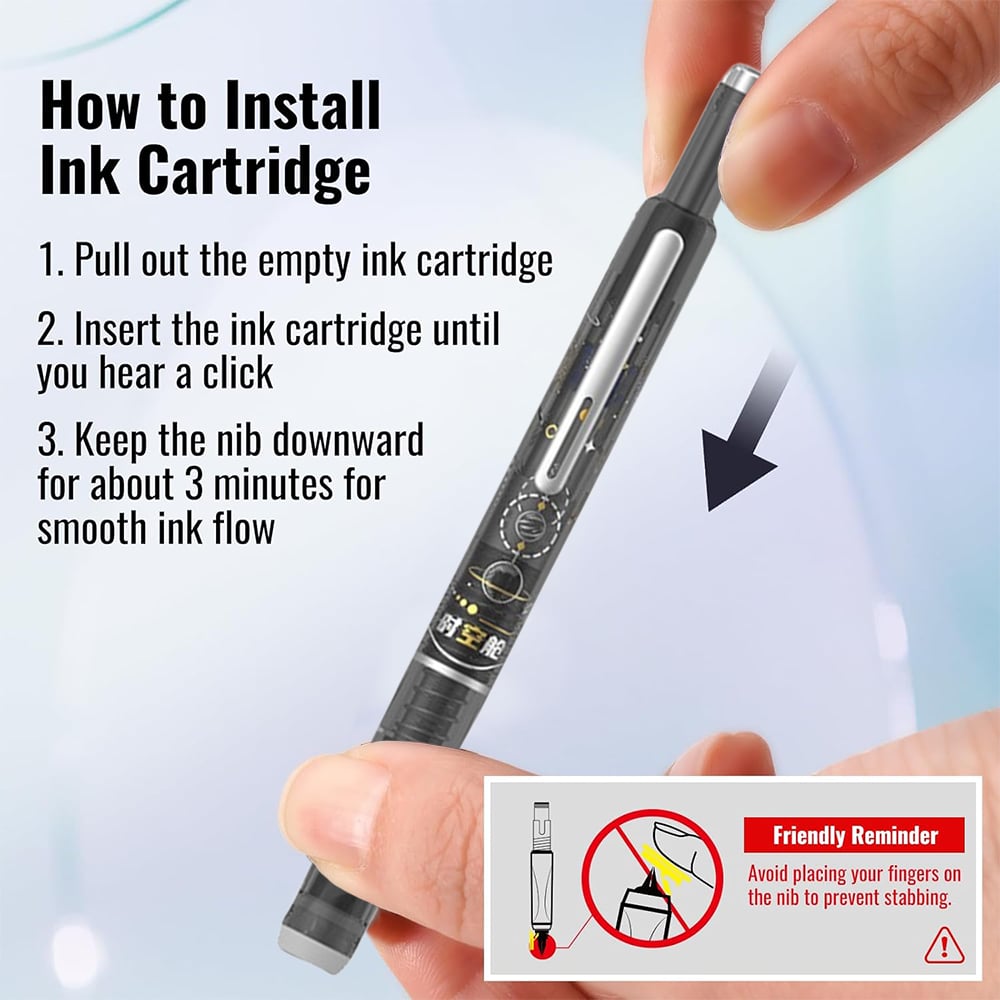 Fountain Pen Retractable:0.38mm Blue&Black Ink Transparent Barrel Includes 5 Refillable Ink Cartridges