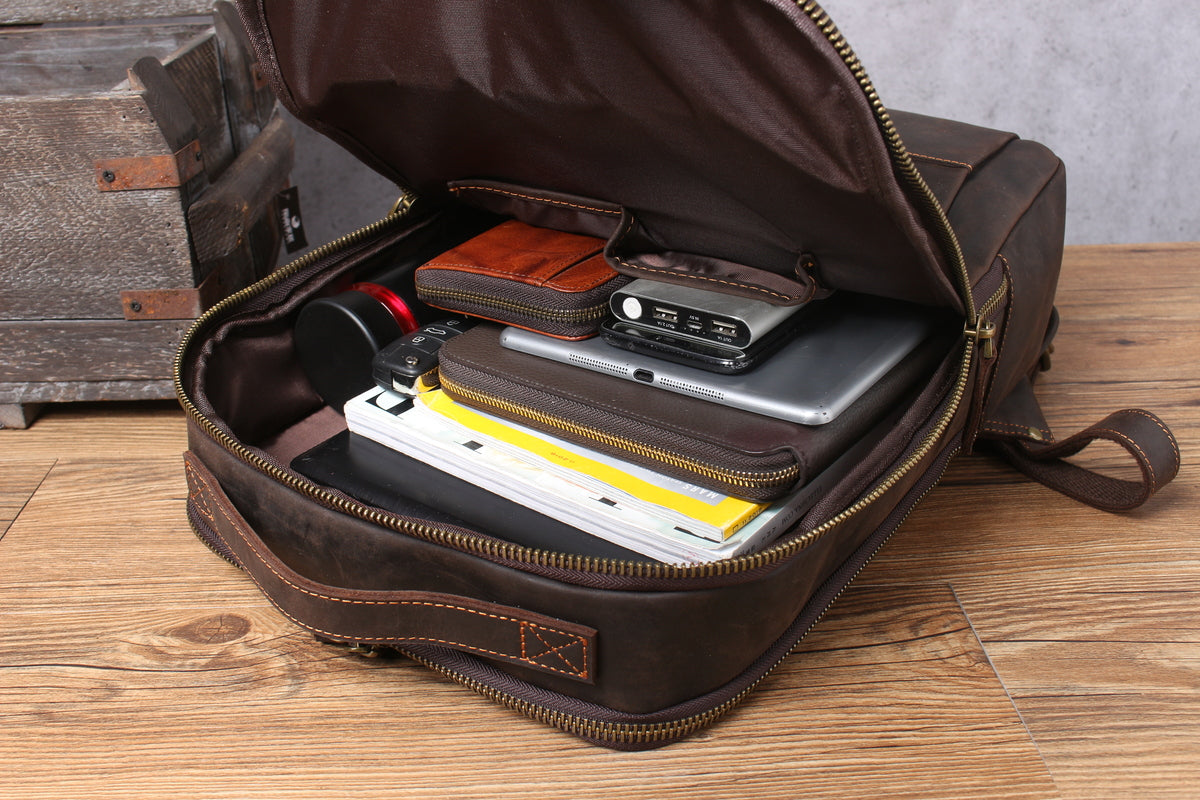 mens leather carry-all backpack with laptop compartment