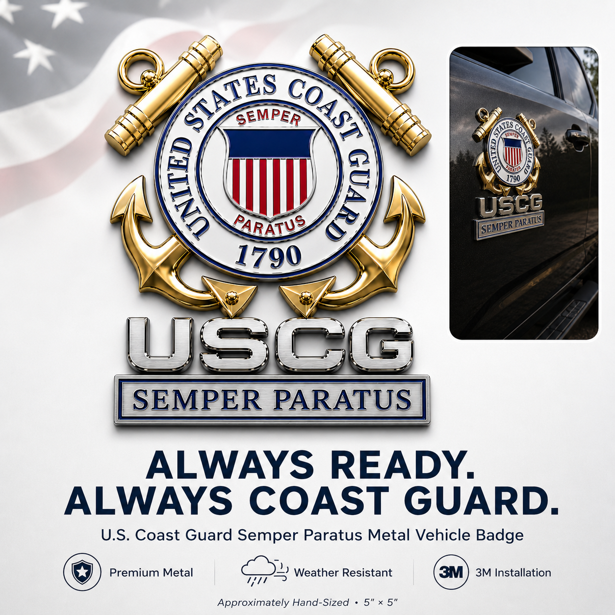 U.S. Coast Guard Semper Paratus Metal Vehicle Badge