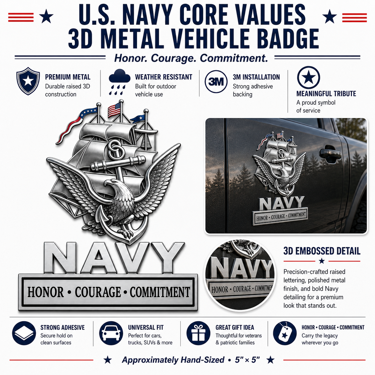 U.S. Navy "Core Values" Metal Vehicle Badge