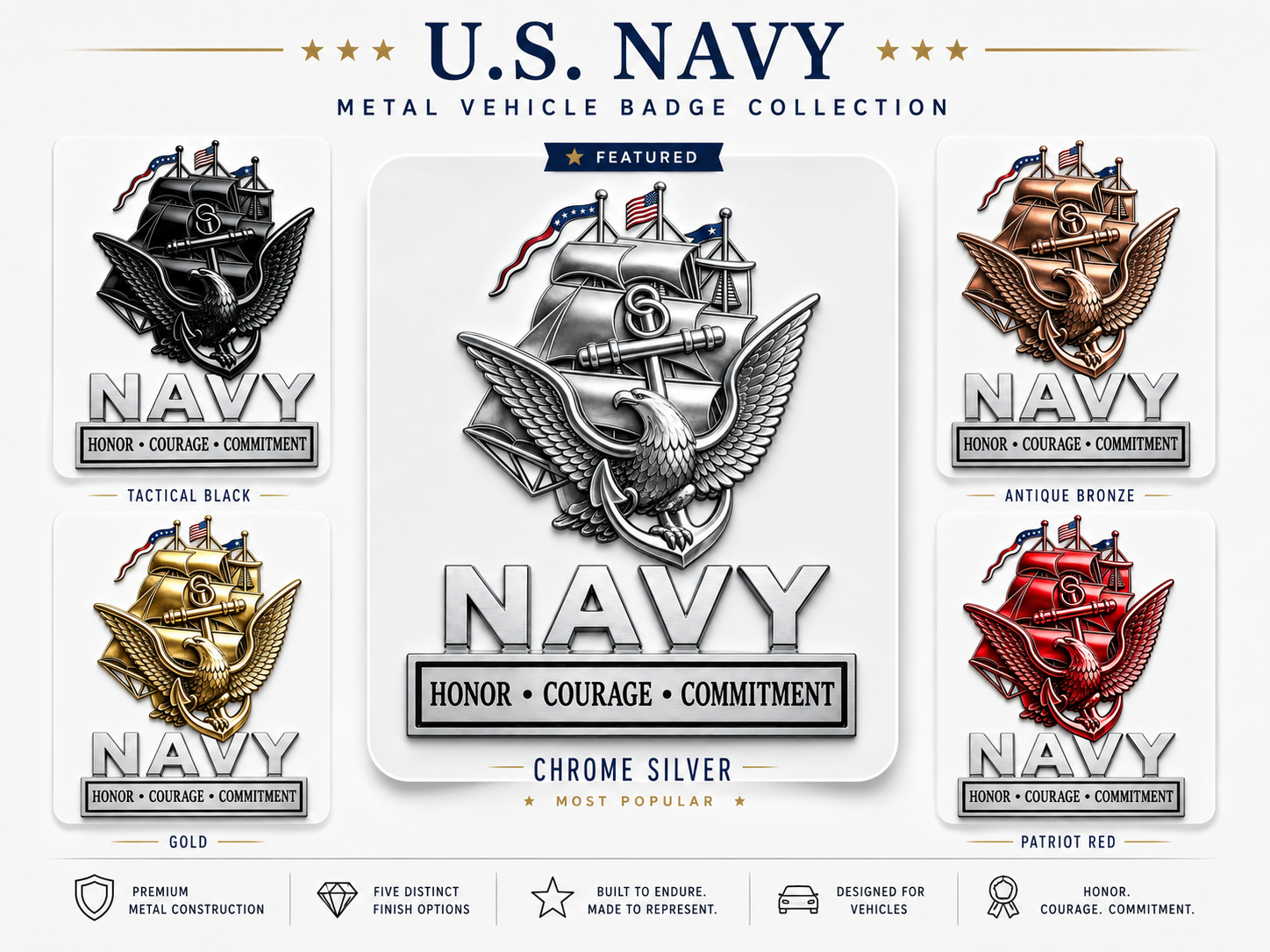 U.S. Navy "Core Values" Metal Vehicle Badge