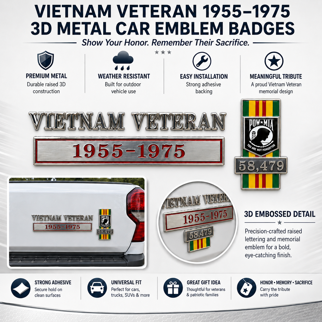 Vietnam Veteran 1955–1975 Memorial Car Emblem Metal Badge