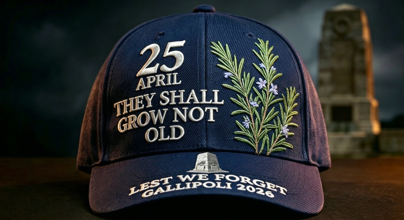  "Lest We Forget" — Gallipoli 2026 ANZAC Commemorative Cap · Rosemary Edition