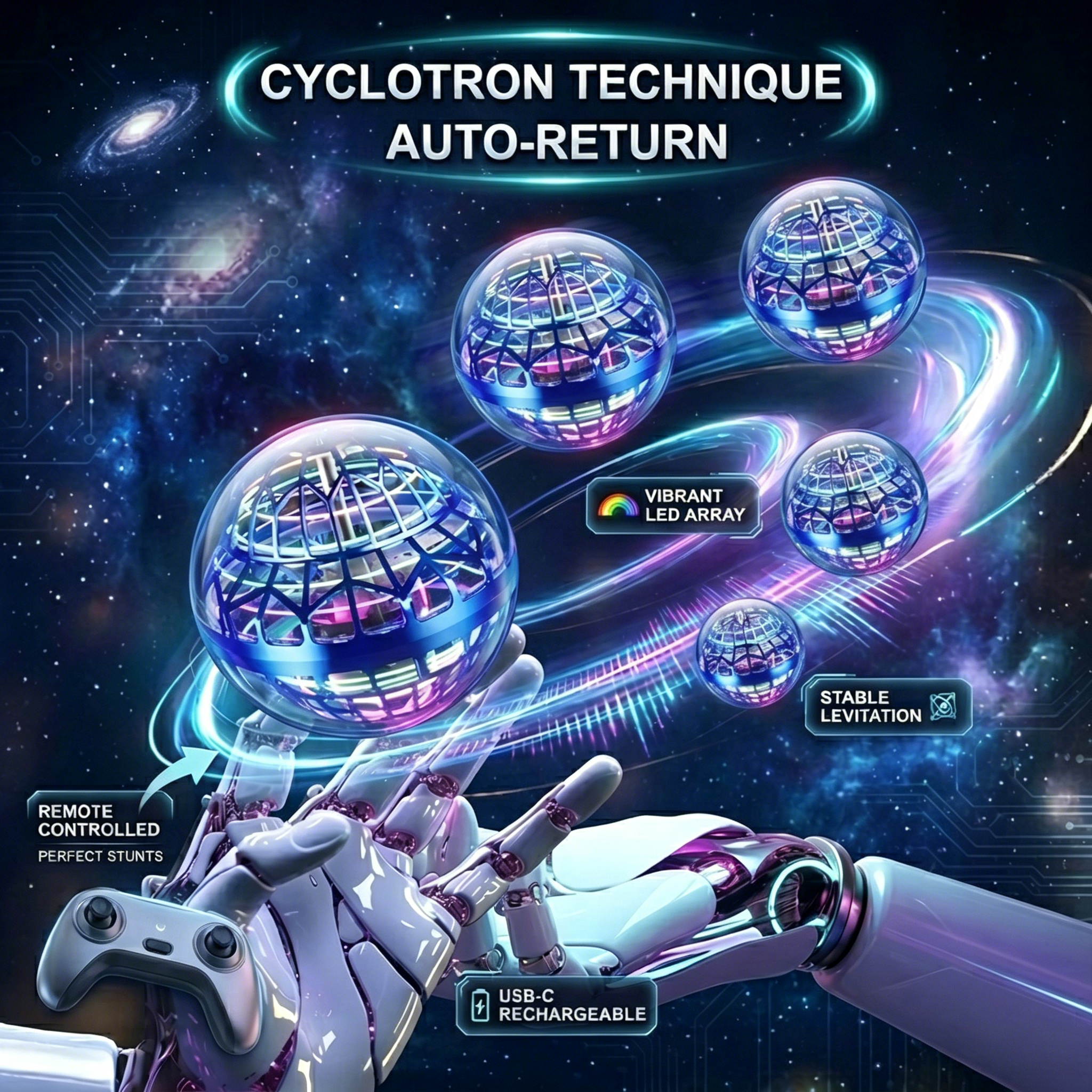 🛸 Hottest Cosmic Fly Orb Ball - Boomerang Hover & Galaxy Spin Effect Drone Toy, Outdoor Fun Gift