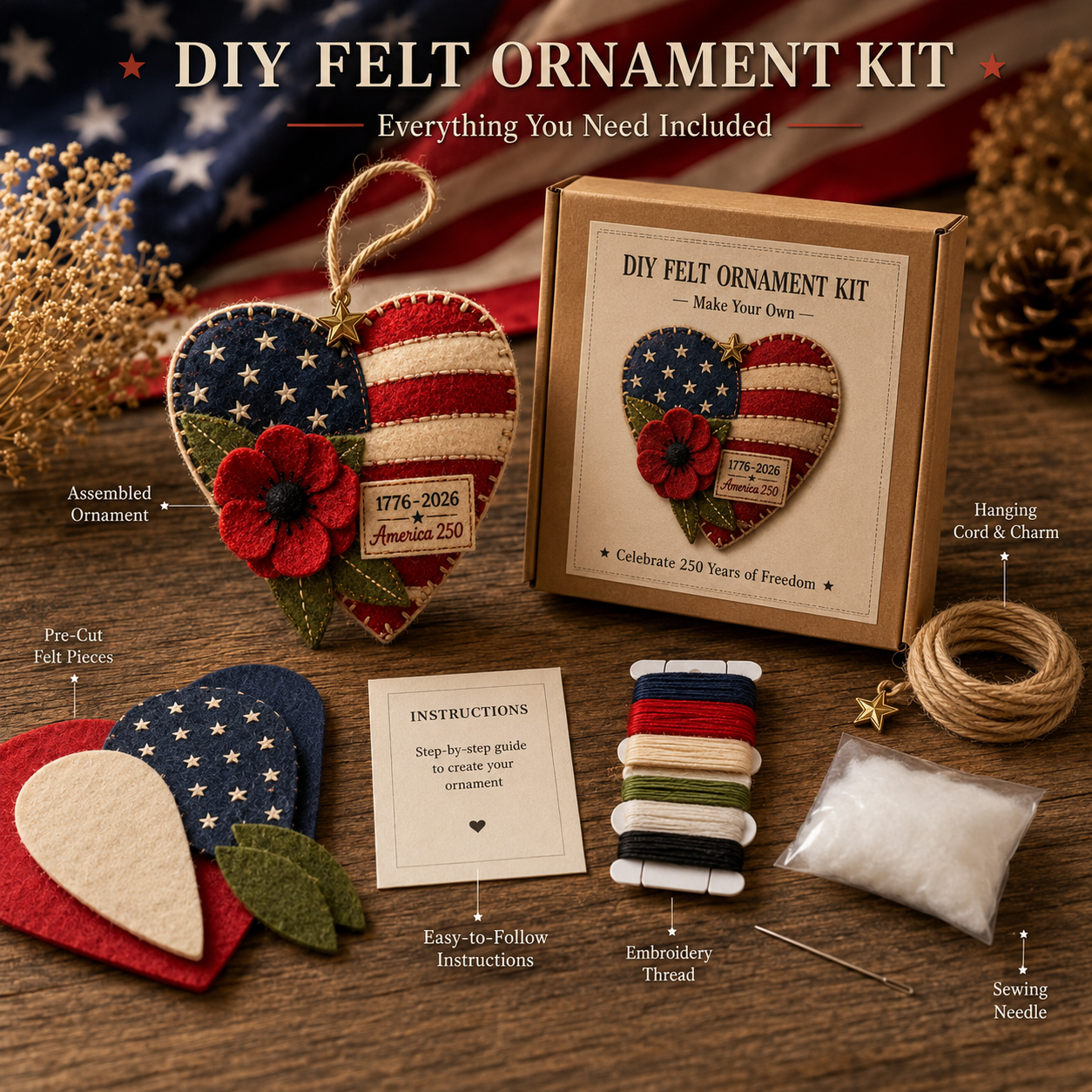 America 250 DIY Felt Ornament Kit – 4 Patriotic Styles