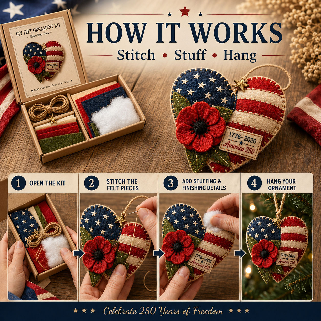America 250 DIY Felt Ornament Kit – 4 Patriotic Styles