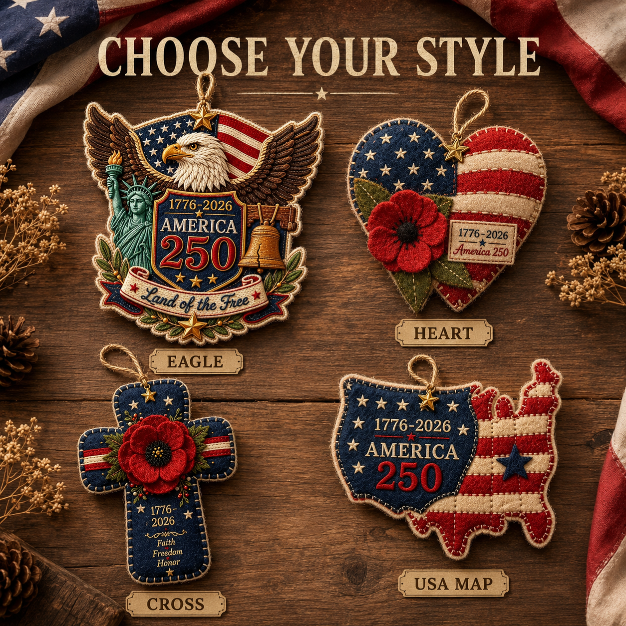 America 250 DIY Felt Ornament Kit – 4 Patriotic Styles