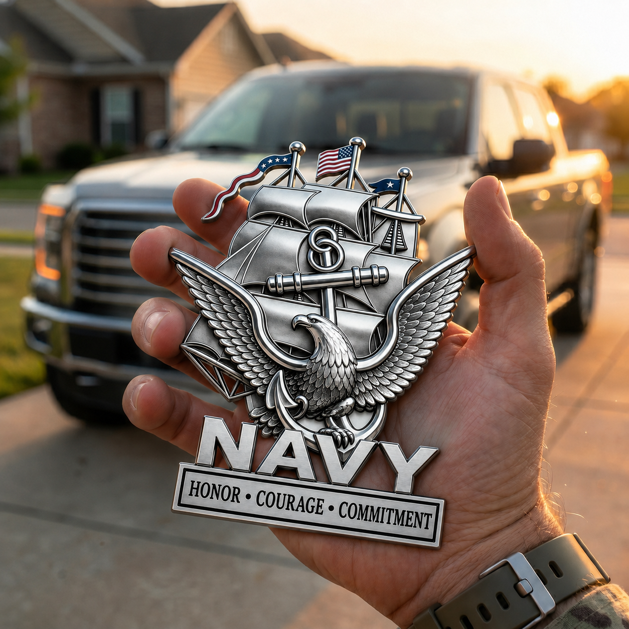 U.S. Navy "Core Values" Metal Vehicle Badge
