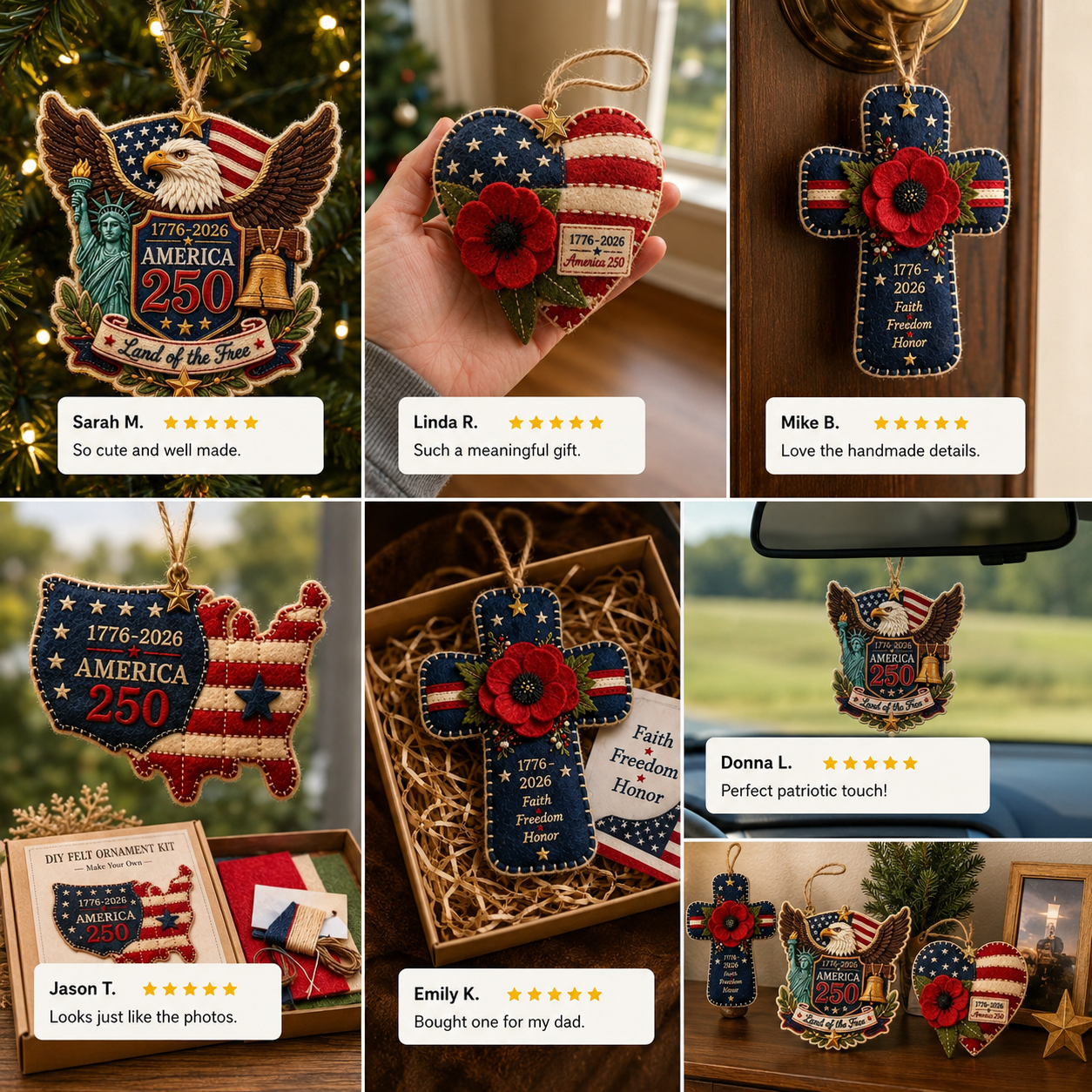 America 250 DIY Felt Ornament Kit – 4 Patriotic Styles