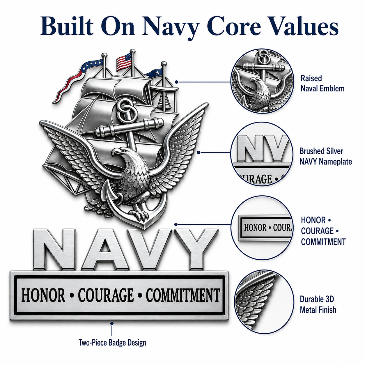U.S. Navy "Core Values" Metal Vehicle Badge