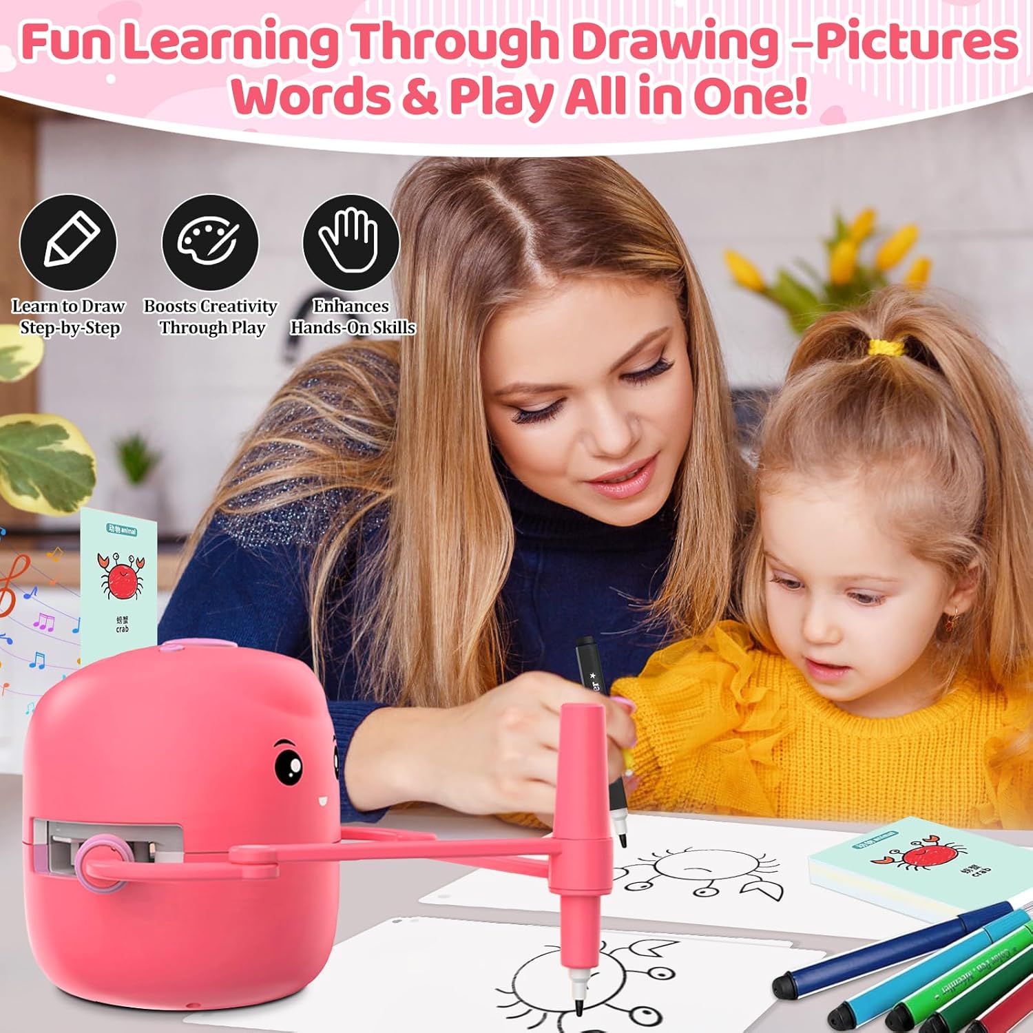 Drawing Robot for Kids with 150 Learning Cards and 17 Colorful Pens, Voice Interactive Educational Smart Art Painting Machine, Step-by-Step Drawing Guidance for Boys Girls Early Learning & STEM Toys