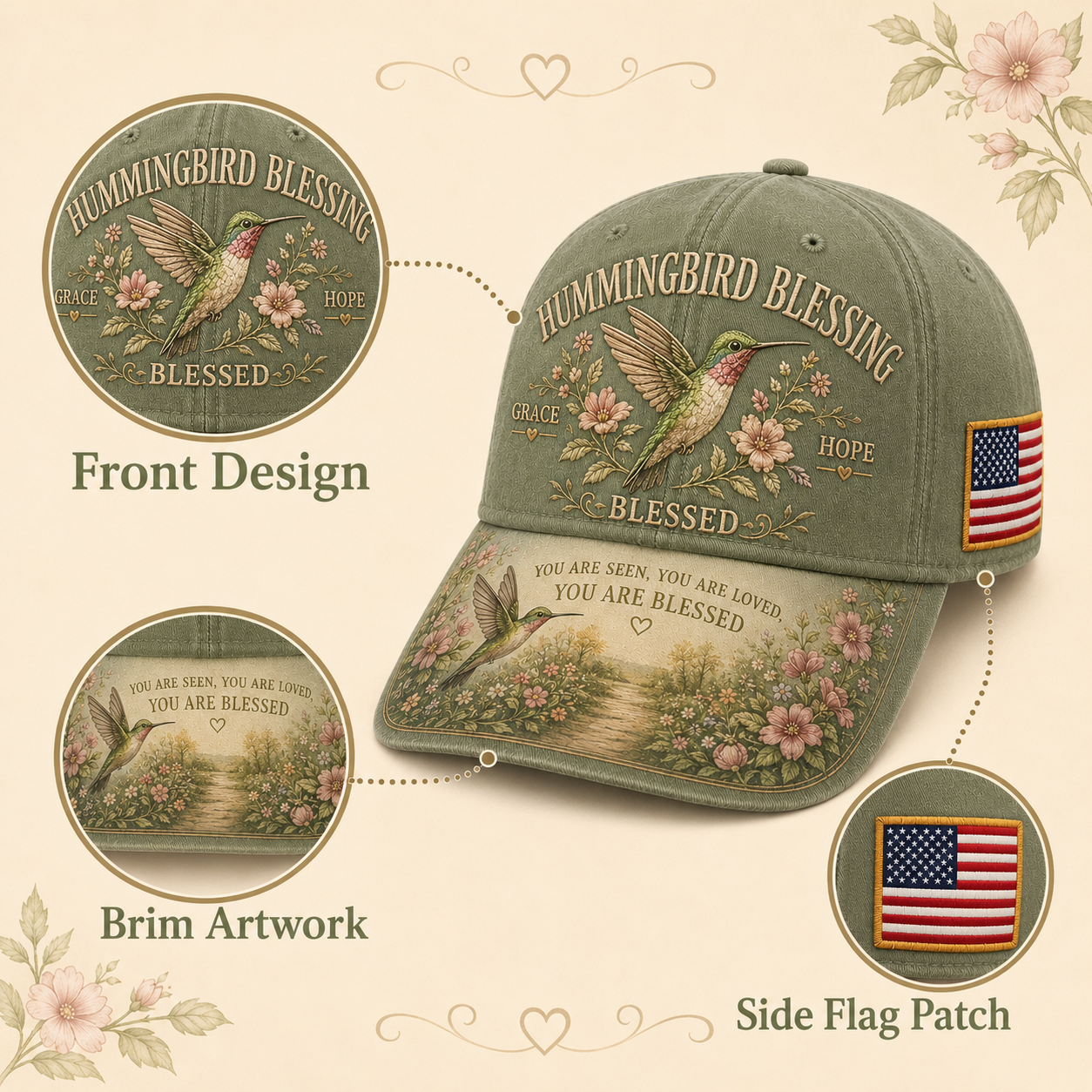 Hummingbird Blessing Faith Garden Cap