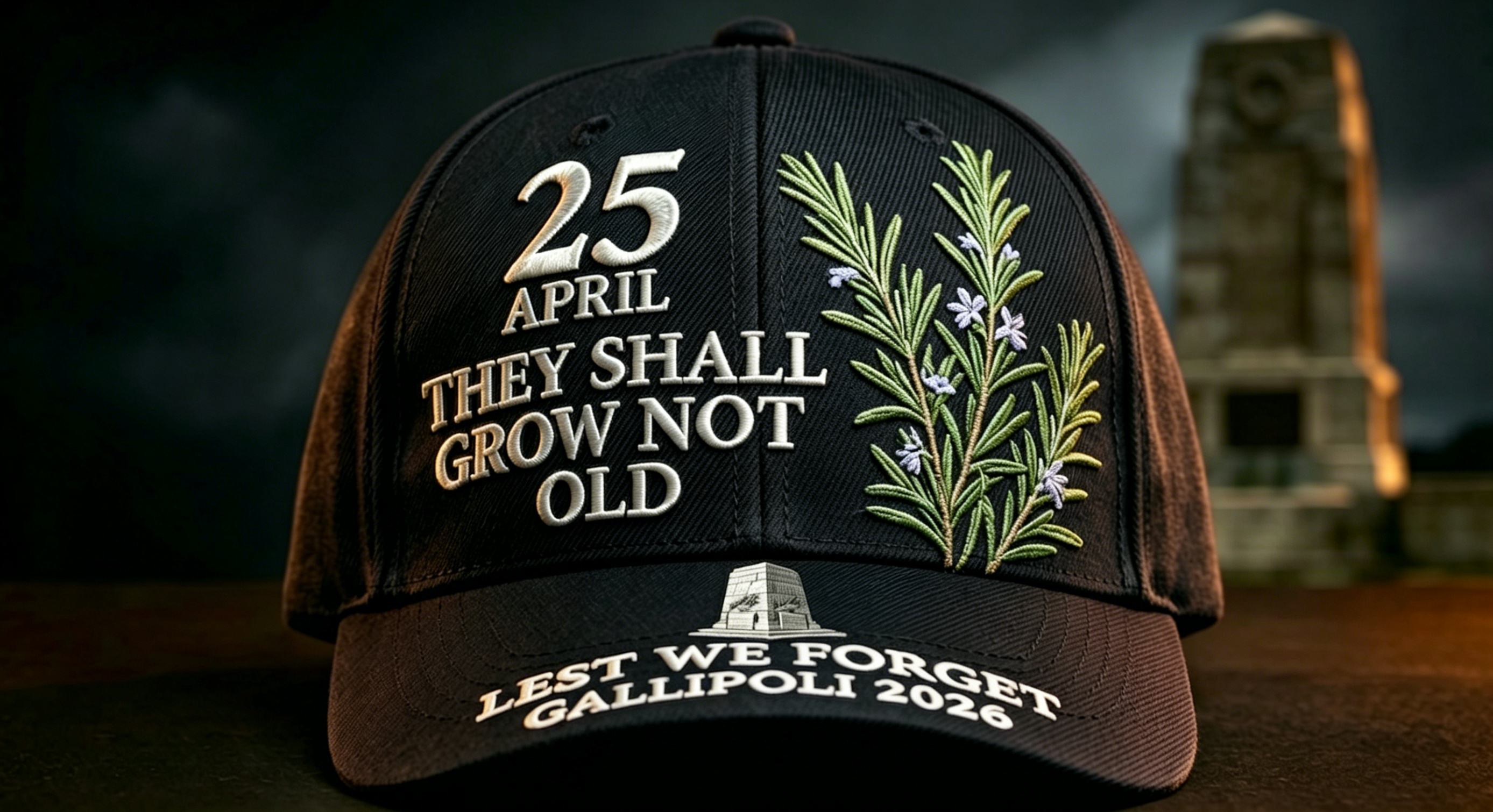  "Lest We Forget" — Gallipoli 2026 ANZAC Commemorative Cap · Rosemary Edition
