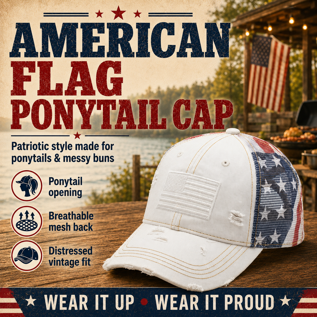 American Flag Ponytail Embroidered Hat