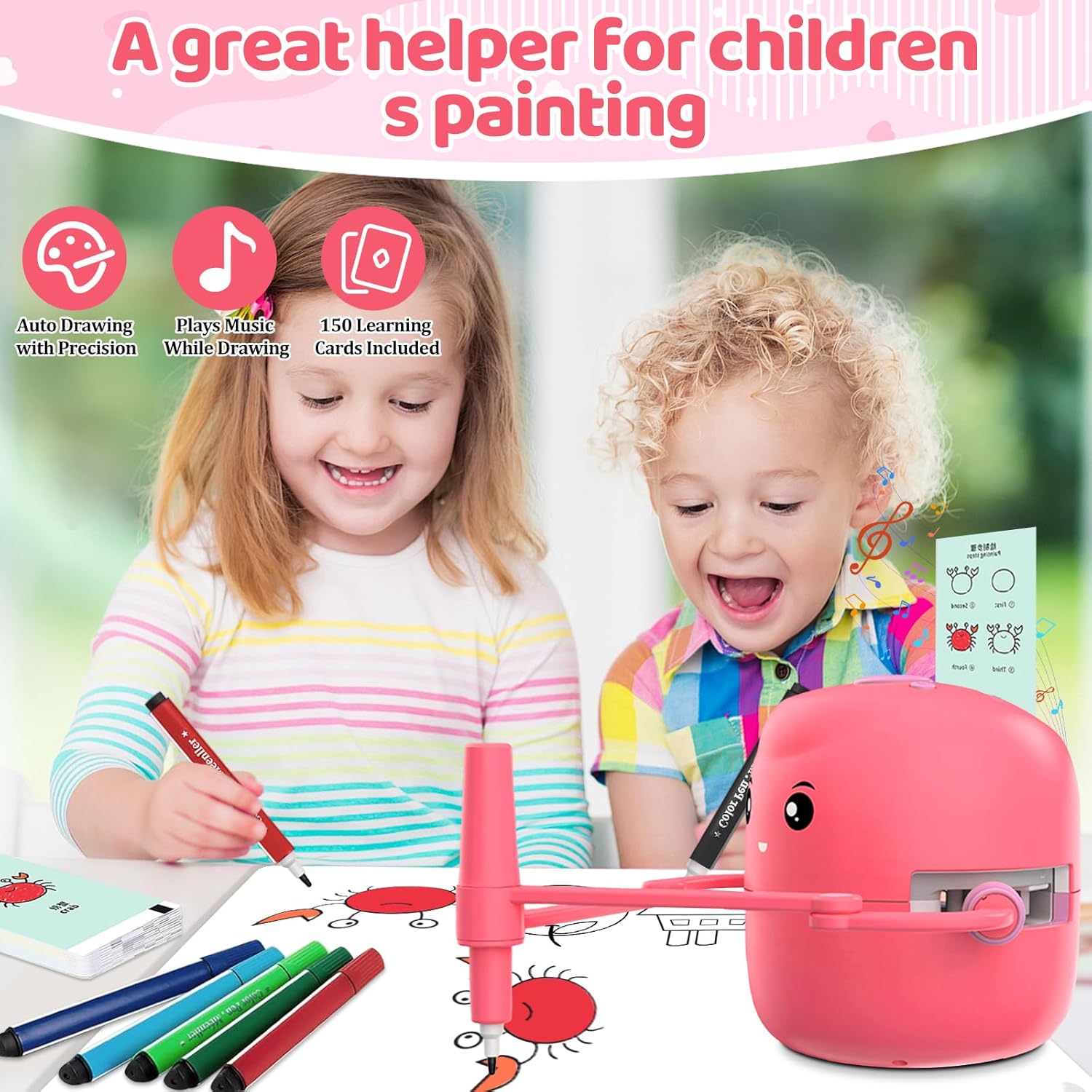 Drawing Robot for Kids with 150 Learning Cards and 17 Colorful Pens, Voice Interactive Educational Smart Art Painting Machine, Step-by-Step Drawing Guidance for Boys Girls Early Learning & STEM Toys