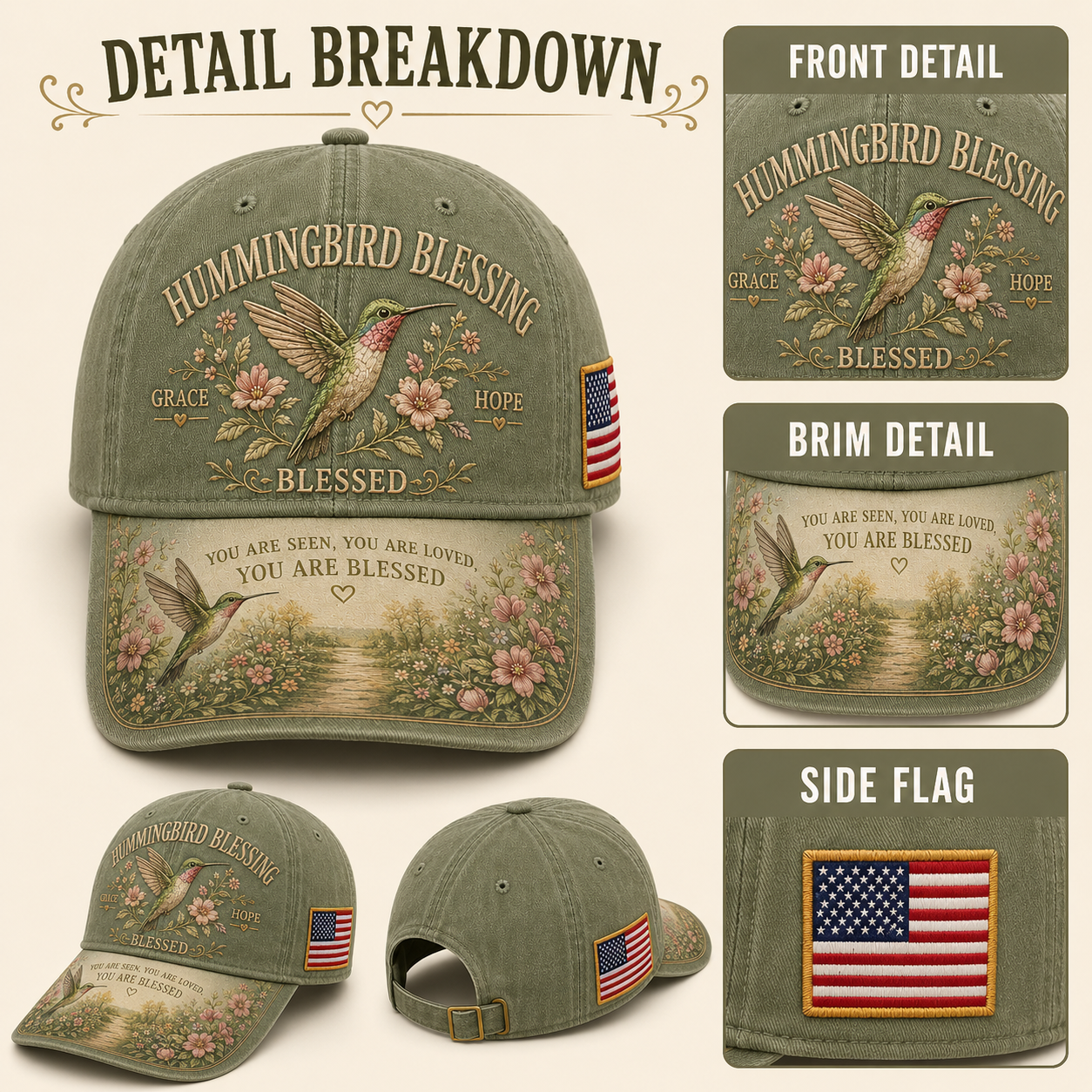 Hummingbird Blessing Faith Garden Cap