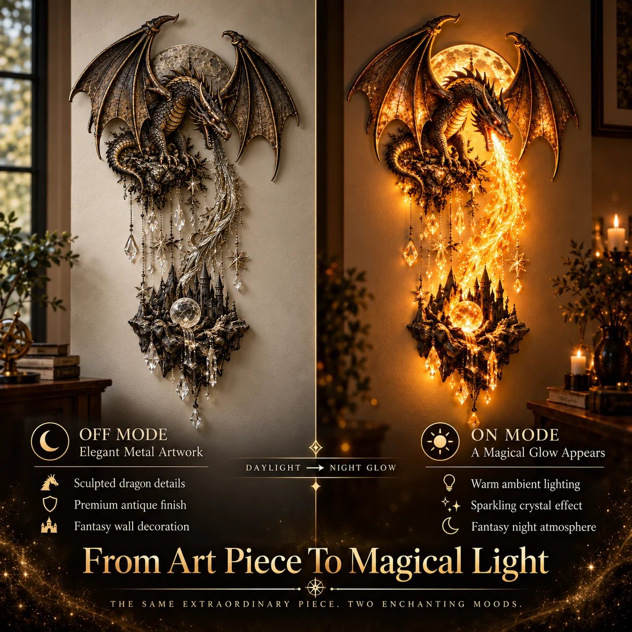 🐉 Dragonfire Moonlight Wall Lamp | Enchanted Fantasy Castle Decor 🌙