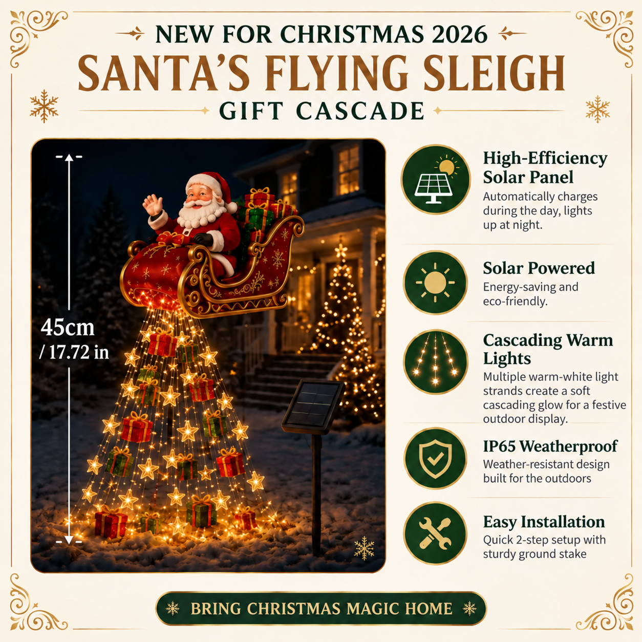 🎅✨ 2026 New Santa’s Flying Sleigh Gift Cascade – Solar Christmas Garden Light