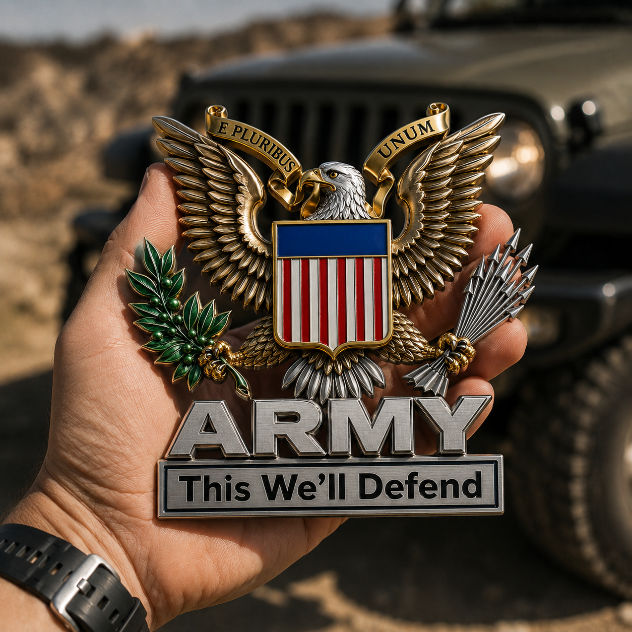 U.S. Army “This We’ll Defend” Metal Vehicle Badge