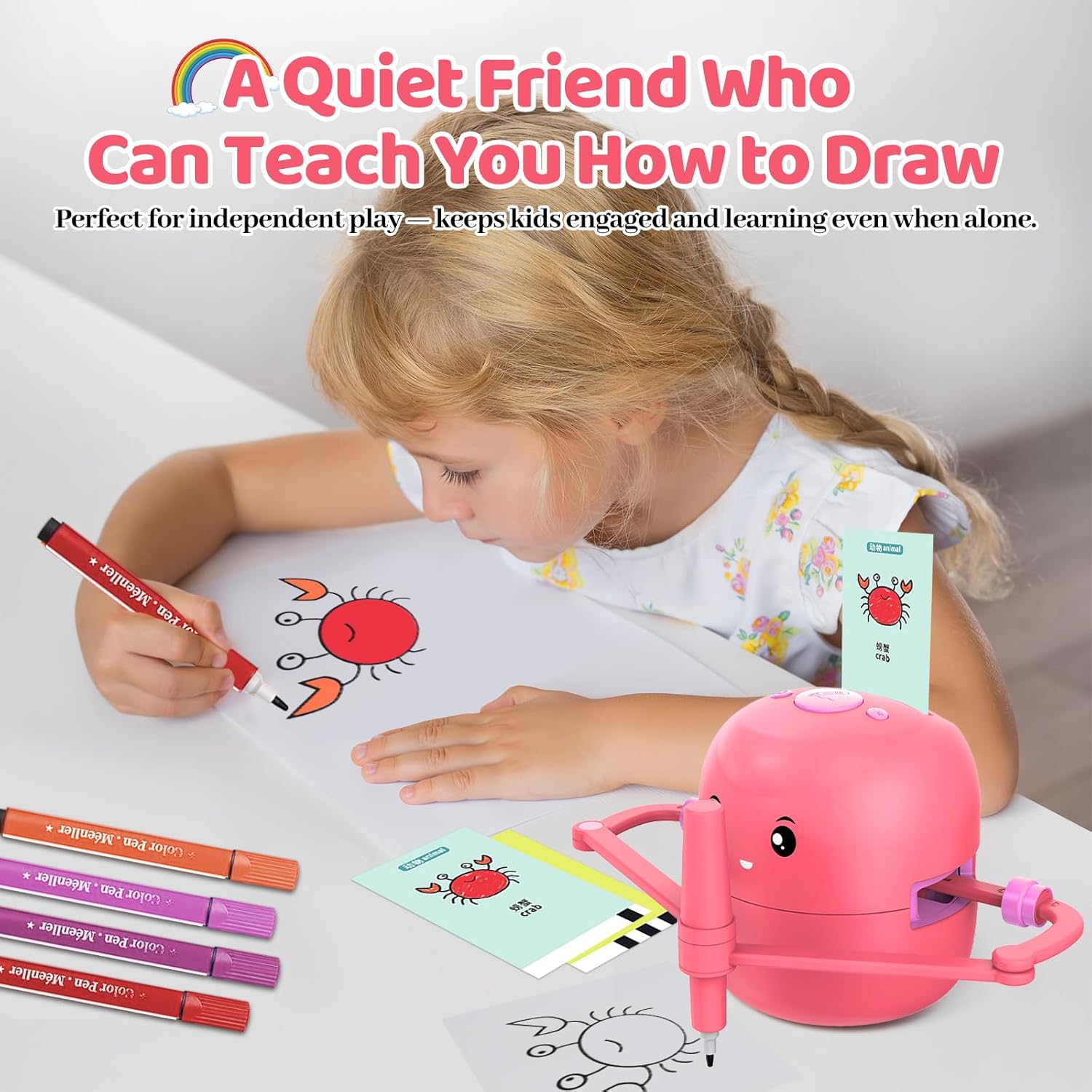 Drawing Robot for Kids with 150 Learning Cards and 17 Colorful Pens, Voice Interactive Educational Smart Art Painting Machine, Step-by-Step Drawing Guidance for Boys Girls Early Learning & STEM Toys