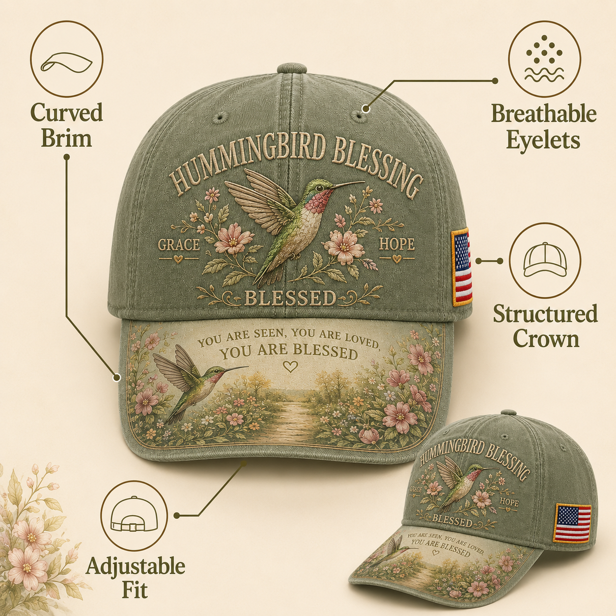 Hummingbird Blessing Faith Garden Cap
